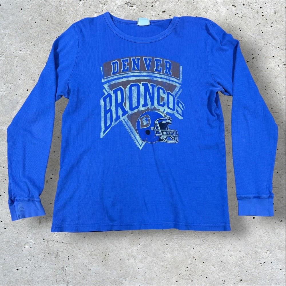 Vintage Denver Broncos Junk Food Thermal Shirt Mens XL Blue Waffle Knit Long T